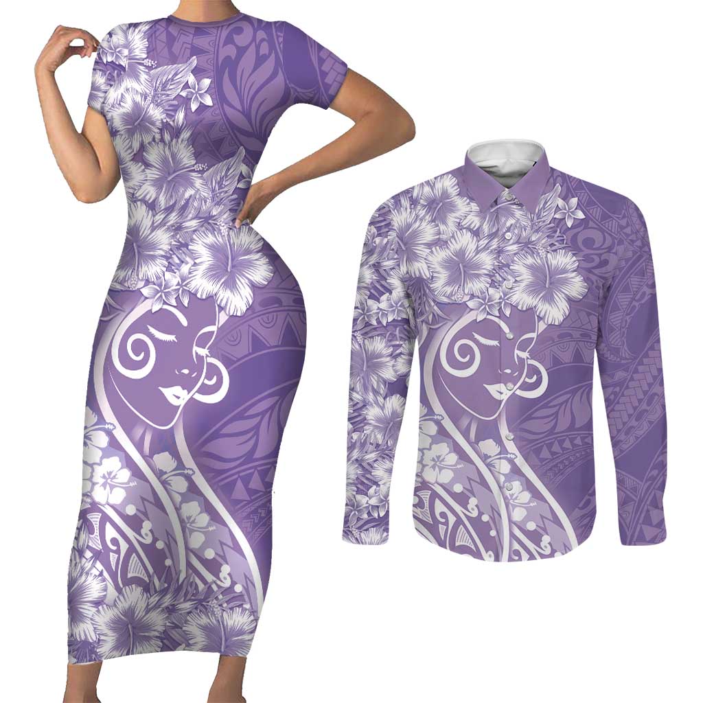 Polynesian Women's Day Couples Matching Short Sleeve Bodycon Dress and Long Sleeve Button Shirt Purple Hibiscus Flowers With Polynesian Pattern LT05 Purple - Polynesian Pride