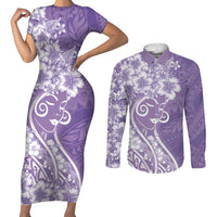 Polynesian Women's Day Couples Matching Short Sleeve Bodycon Dress and Long Sleeve Button Shirt Purple Hibiscus Flowers With Polynesian Pattern LT05 Purple - Polynesian Pride