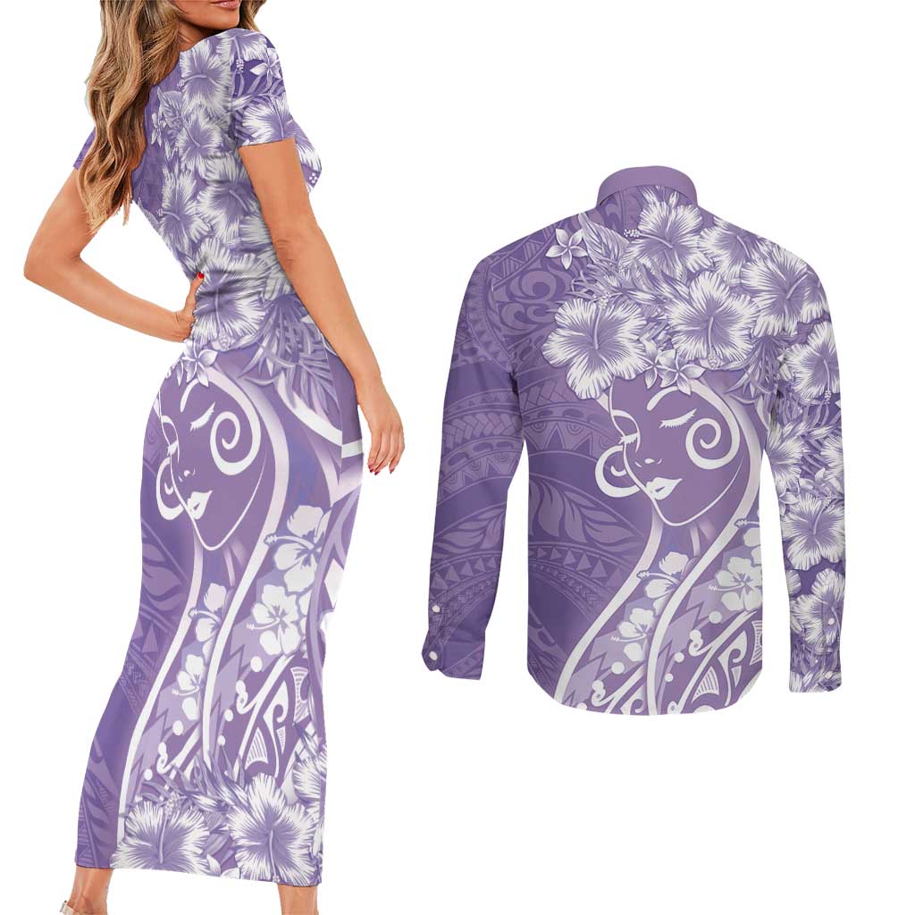 Polynesian Women's Day Couples Matching Short Sleeve Bodycon Dress and Long Sleeve Button Shirt Purple Hibiscus Flowers With Polynesian Pattern LT05 - Polynesian Pride