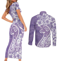 Polynesian Women's Day Couples Matching Short Sleeve Bodycon Dress and Long Sleeve Button Shirt Purple Hibiscus Flowers With Polynesian Pattern LT05 - Polynesian Pride