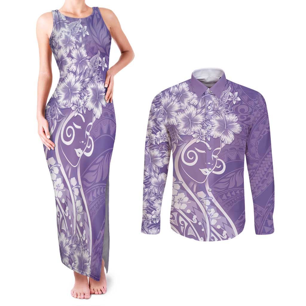 Polynesian Women's Day Couples Matching Tank Maxi Dress and Long Sleeve Button Shirt Purple Hibiscus Flowers With Polynesian Pattern