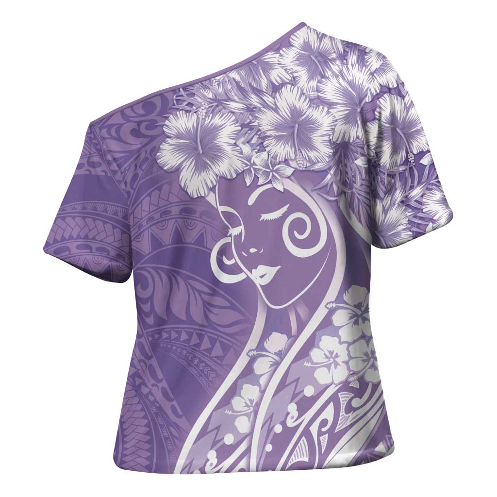 Polynesian Women's Day Cross Shoulder Shirt Purple Hibiscus Flowers With Polynesian Pattern LT05 - Polynesian Pride