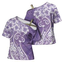 Polynesian Women's Day Cross Shoulder Shirt Purple Hibiscus Flowers With Polynesian Pattern LT05 - Polynesian Pride