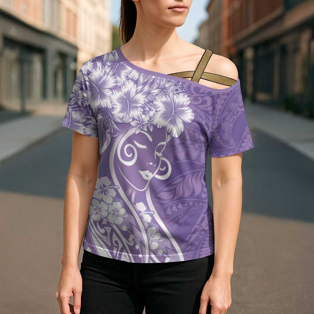 Polynesian Women's Day Cross Shoulder Shirt Purple Hibiscus Flowers With Polynesian Pattern LT05 - Polynesian Pride