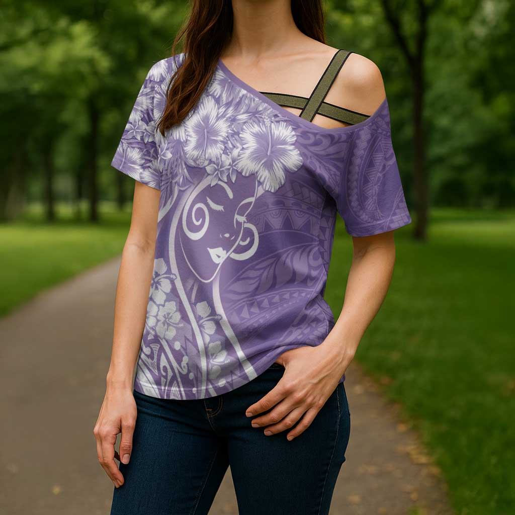 Polynesian Women's Day Cross Shoulder Shirt Purple Hibiscus Flowers With Polynesian Pattern LT05 - Polynesian Pride