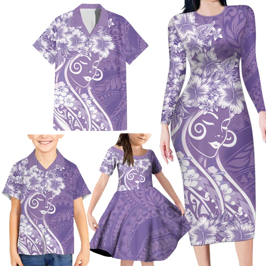 Polynesian Women's Day Family Matching Long Sleeve Bodycon Dress and Hawaiian Shirt Purple Hibiscus Flowers With Polynesian Pattern