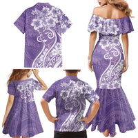 Polynesian Women's Day Family Matching Mermaid Dress and Hawaiian Shirt Purple Hibiscus Flowers With Polynesian Pattern