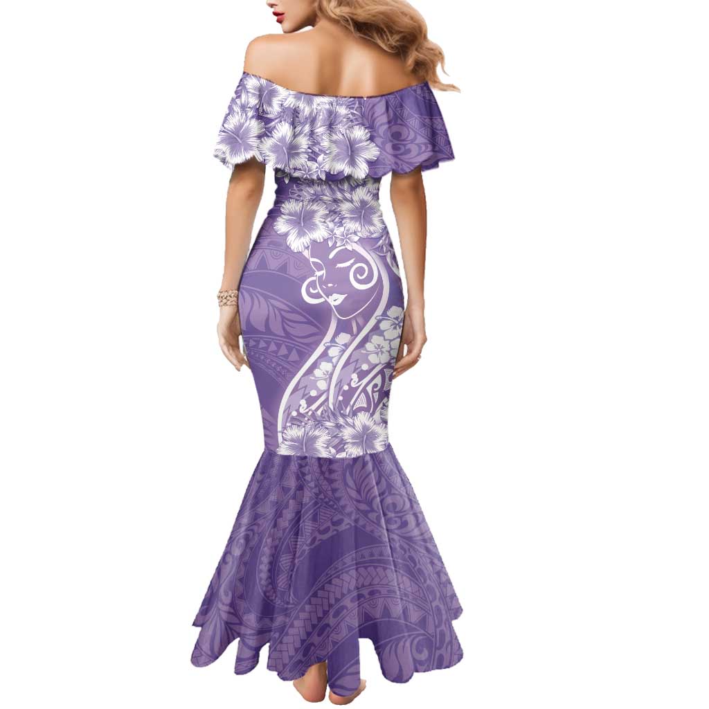Polynesian Women's Day Family Matching Mermaid Dress and Hawaiian Shirt Purple Hibiscus Flowers With Polynesian Pattern