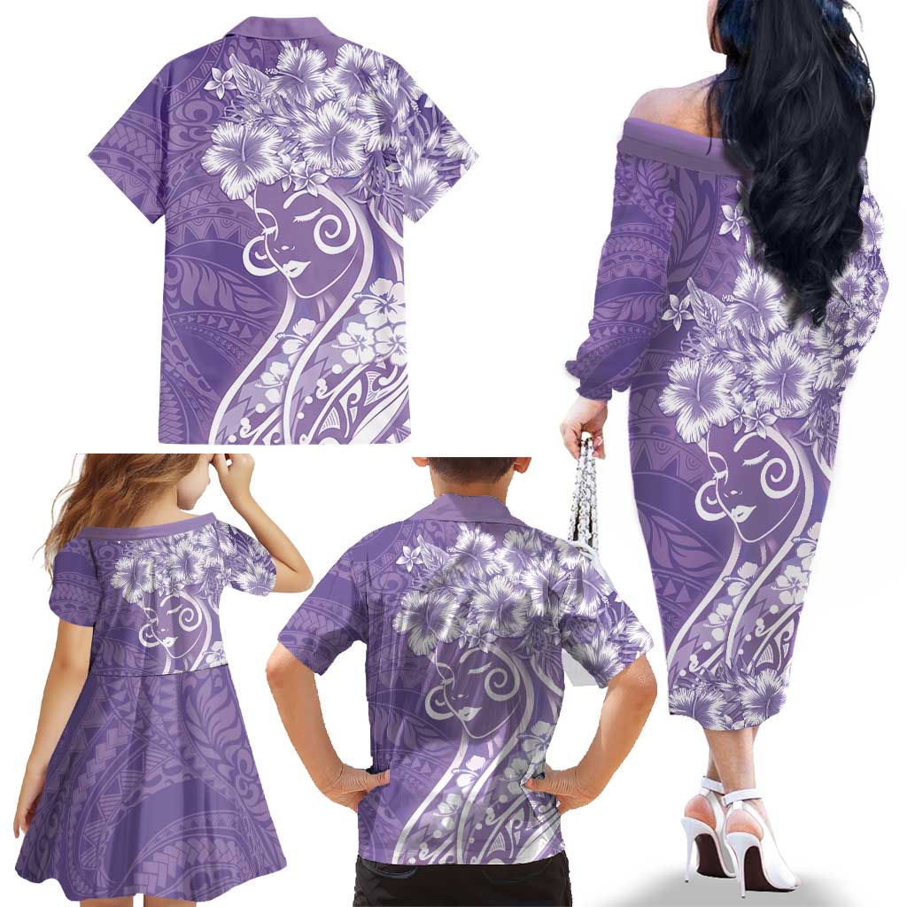 Polynesian Women's Day Family Matching Off The Shoulder Long Sleeve Dress and Hawaiian Shirt Purple Hibiscus Flowers With Polynesian Pattern