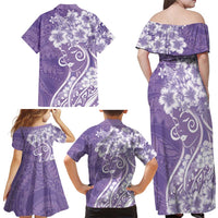 Polynesian Women's Day Family Matching Off Shoulder Maxi Dress and Hawaiian Shirt Purple Hibiscus Flowers With Polynesian Pattern