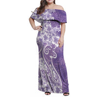 Polynesian Women's Day Family Matching Off Shoulder Maxi Dress and Hawaiian Shirt Purple Hibiscus Flowers With Polynesian Pattern