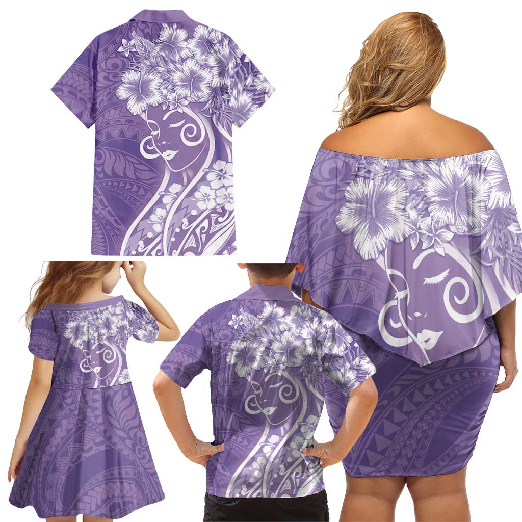 Polynesian Women's Day Family Matching Off Shoulder Short Dress and Hawaiian Shirt Purple Hibiscus Flowers With Polynesian Pattern