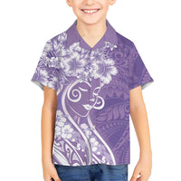 Polynesian Women's Day Kid Hawaiian Shirt Purple Hibiscus Flowers With Polynesian Pattern LT05 Kid Purple - Polynesian Pride