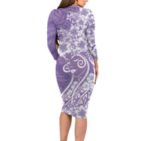 Polynesian Women's Day Long Sleeve Bodycon Dress Purple Hibiscus Flowers With Polynesian Pattern