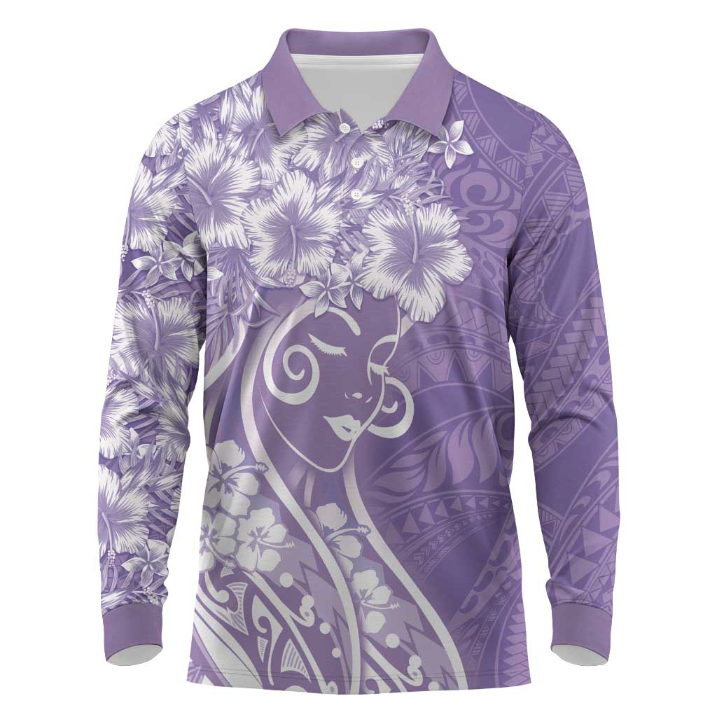 Polynesian Women's Day Long Sleeve Polo Shirt Purple Hibiscus Flowers With Polynesian Pattern LT05 Purple - Polynesian Pride