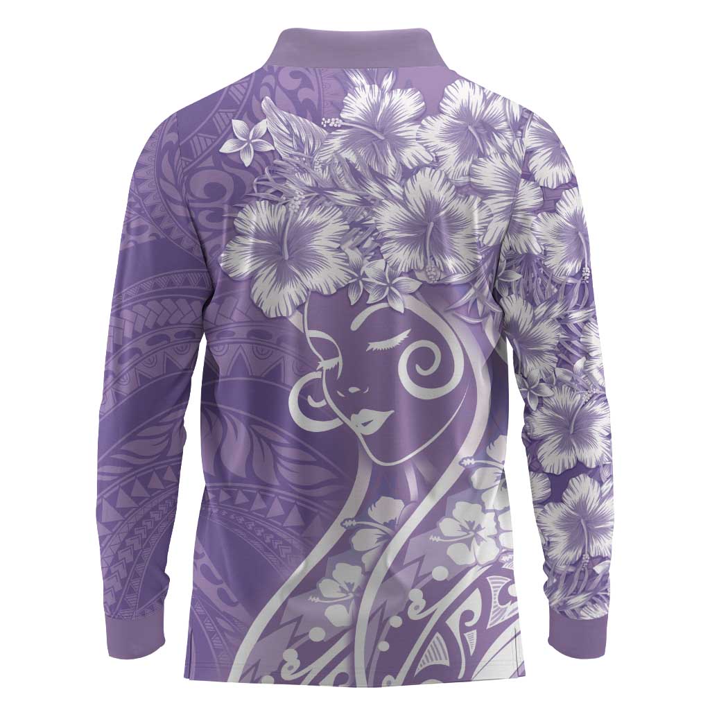 Polynesian Women's Day Long Sleeve Polo Shirt Purple Hibiscus Flowers With Polynesian Pattern LT05 - Polynesian Pride