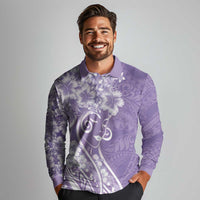 Polynesian Women's Day Long Sleeve Polo Shirt Purple Hibiscus Flowers With Polynesian Pattern LT05 - Polynesian Pride