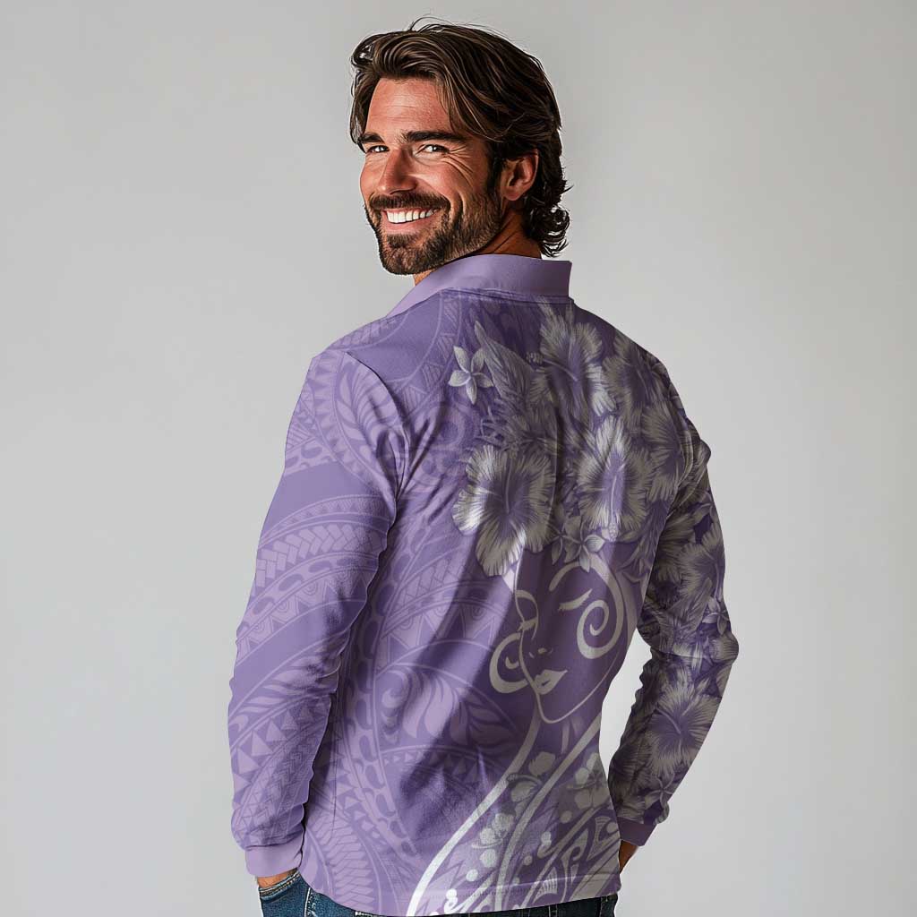 Polynesian Women's Day Long Sleeve Polo Shirt Purple Hibiscus Flowers With Polynesian Pattern LT05 - Polynesian Pride