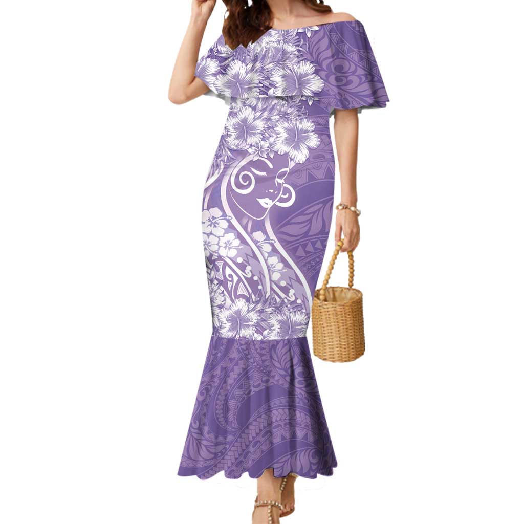 Polynesian Women's Day Mermaid Dress Purple Hibiscus Flowers With Polynesian Pattern