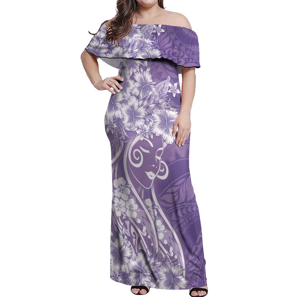 Polynesian Women's Day Off Shoulder Maxi Dress Purple Hibiscus Flowers With Polynesian Pattern LT05 Women Purple - Polynesian Pride
