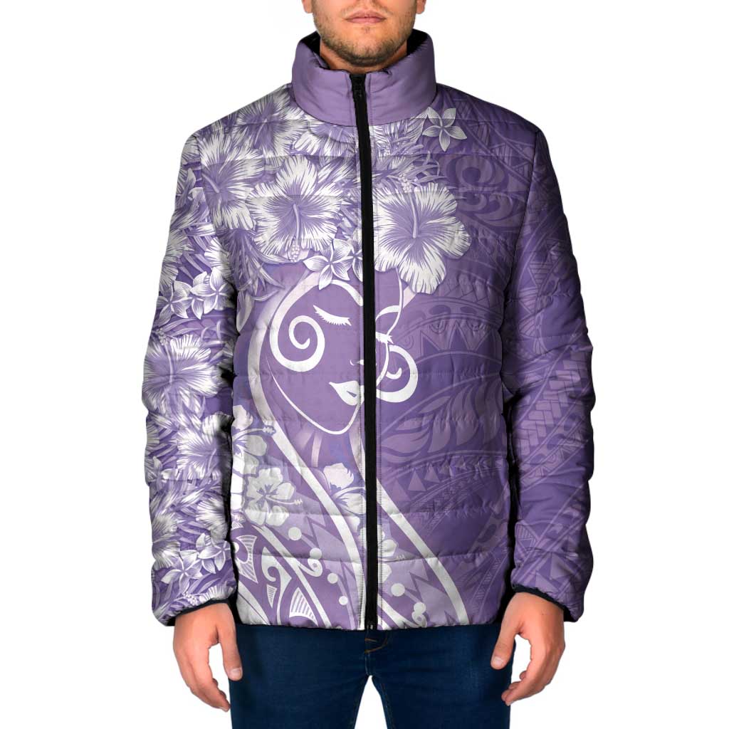 Polynesian Women's Day Padded Jacket Purple Hibiscus Flowers With Polynesian Pattern