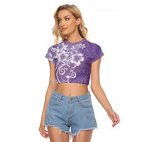 Polynesian Women's Day Raglan Cropped T Shirt Purple Hibiscus Flowers With Polynesian Pattern LT05 Female Purple - Polynesian Pride