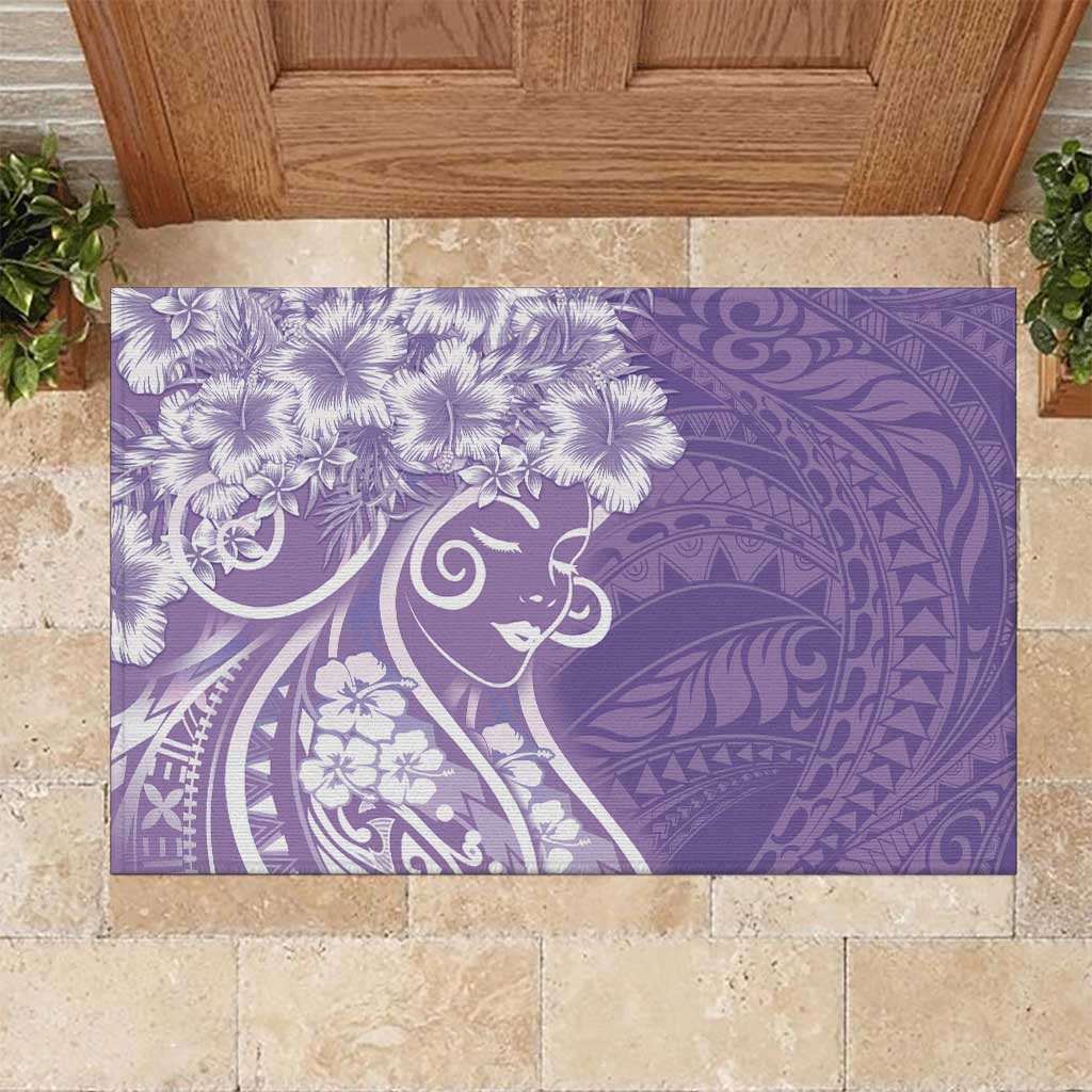 Polynesian Women's Day Rubber Doormat Purple Hibiscus Flowers With Polynesian Pattern