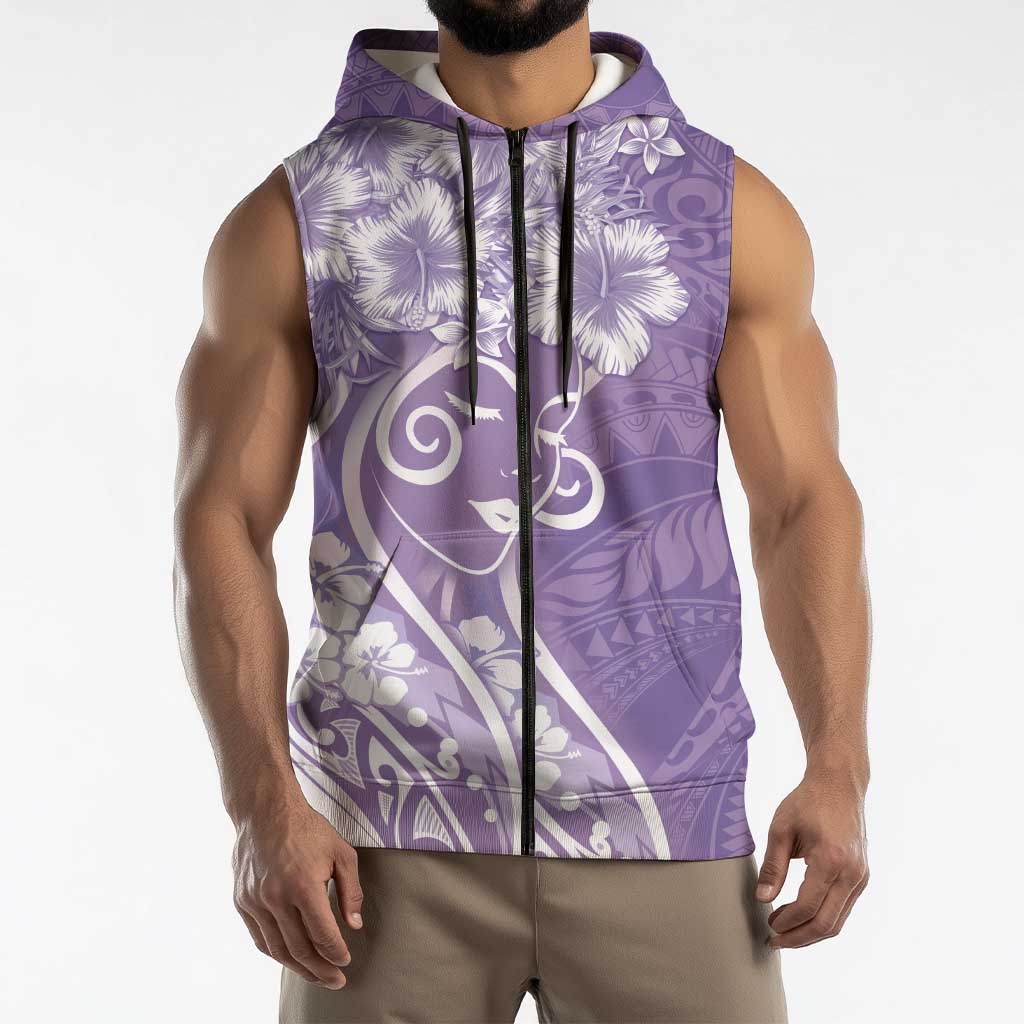 Polynesian Women's Day Sleeveless Zip Hoodie Purple Hibiscus Flowers With Polynesian Pattern LT05 - Polynesian Pride