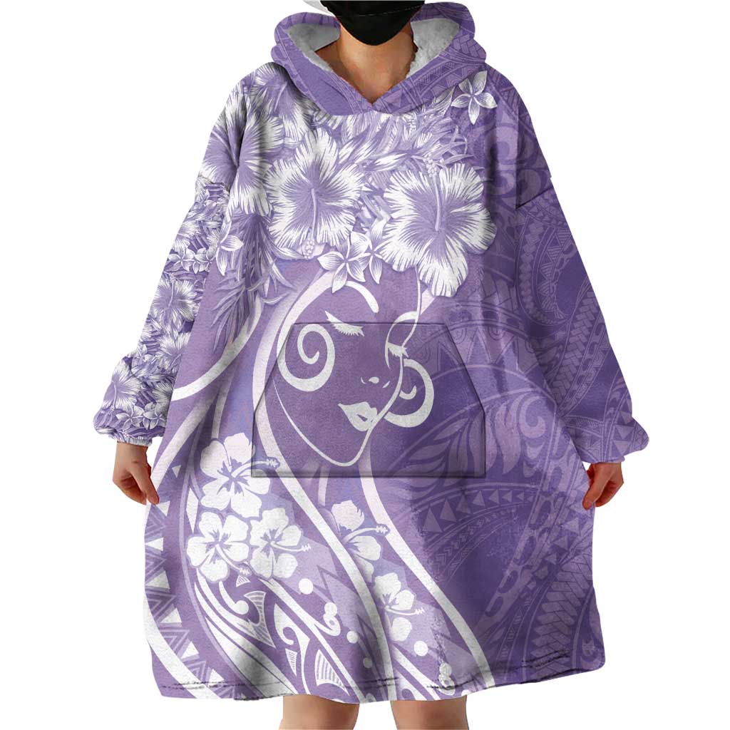 Polynesian Women's Day Wearable Blanket Hoodie Purple Hibiscus Flowers With Polynesian Pattern LT05 - Polynesian Pride