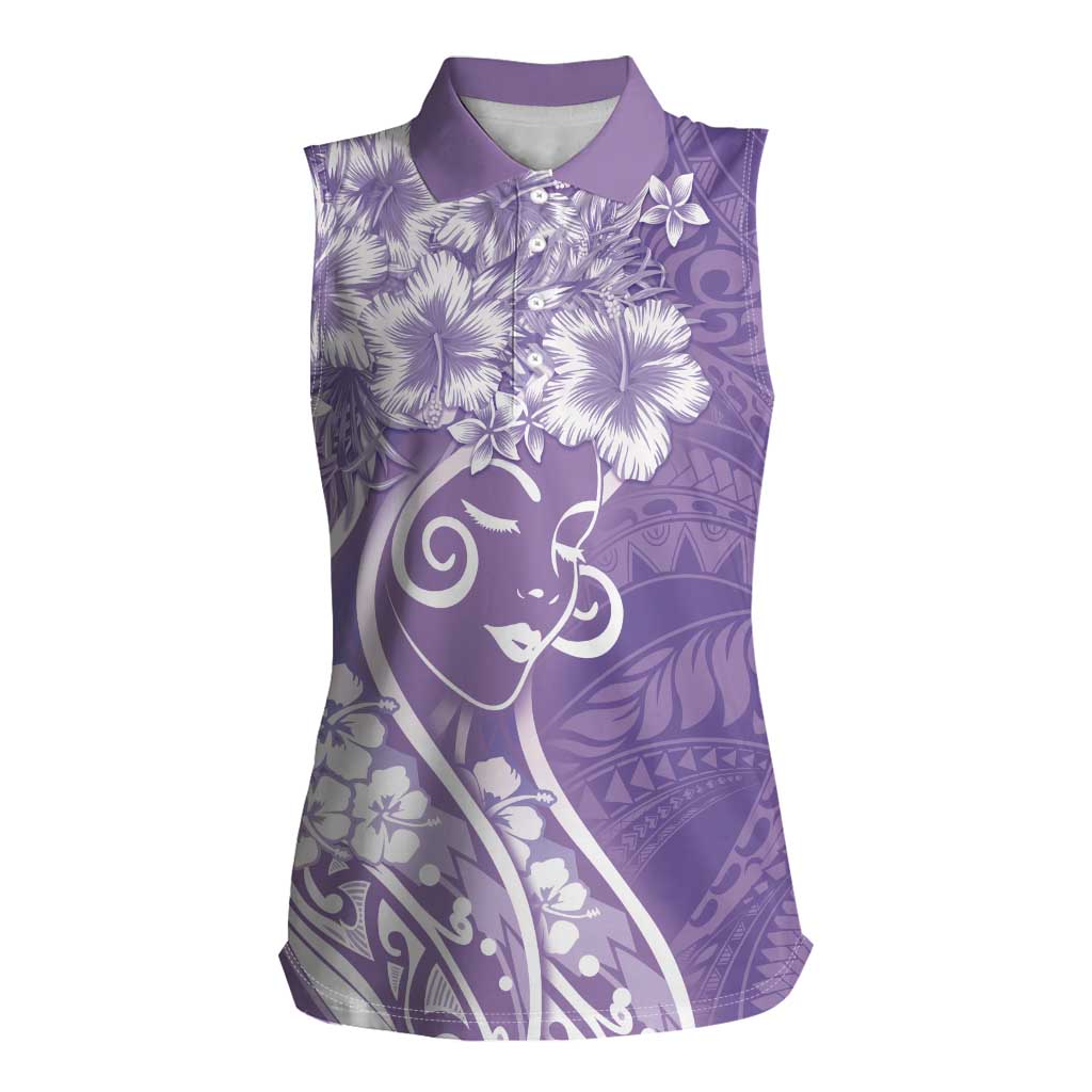 Polynesian Women's Day Women Sleeveless Polo Shirt Purple Hibiscus Flowers With Polynesian Pattern LT05 Female Purple - Polynesian Pride