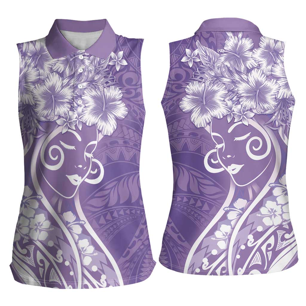 Polynesian Women's Day Women Sleeveless Polo Shirt Purple Hibiscus Flowers With Polynesian Pattern LT05 - Polynesian Pride