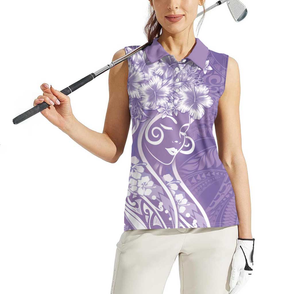Polynesian Women's Day Women Sleeveless Polo Shirt Purple Hibiscus Flowers With Polynesian Pattern LT05 - Polynesian Pride