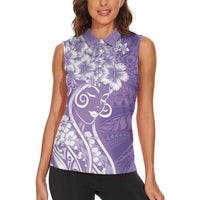 Polynesian Women's Day Women Sleeveless Polo Shirt Purple Hibiscus Flowers With Polynesian Pattern LT05 - Polynesian Pride
