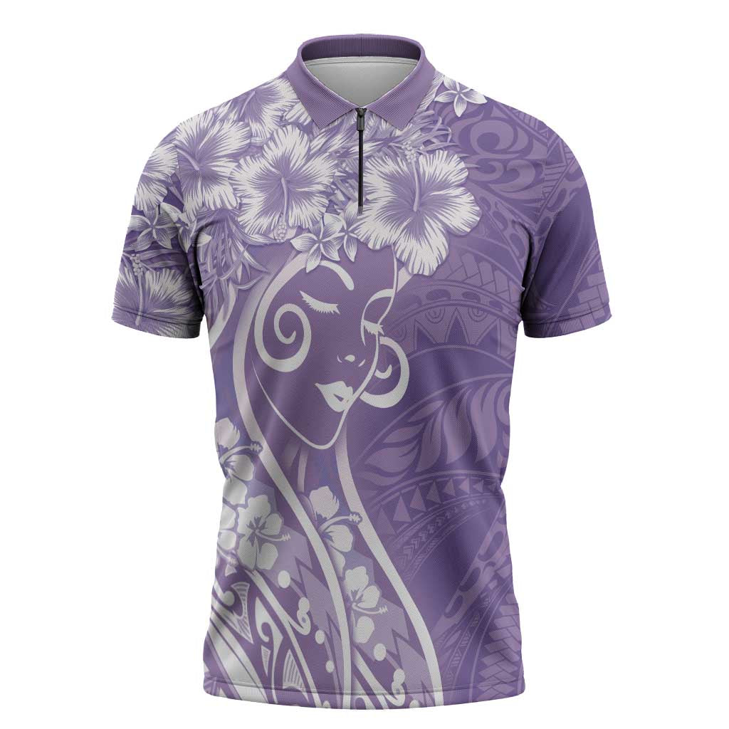 Polynesian Women's Day Zipper Polo Shirt Purple Hibiscus Flowers With Polynesian Pattern LT05 Purple - Polynesian Pride