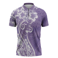 Polynesian Women's Day Zipper Polo Shirt Purple Hibiscus Flowers With Polynesian Pattern LT05 Purple - Polynesian Pride