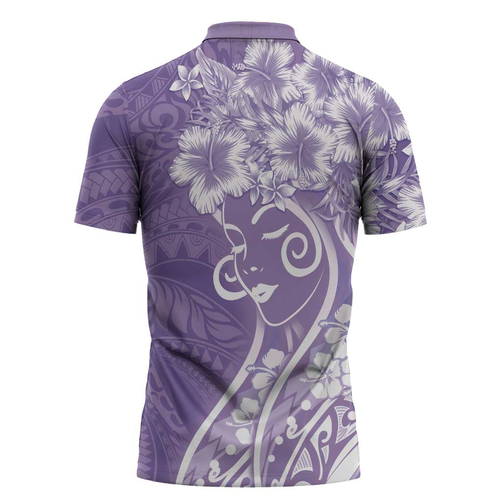 Polynesian Women's Day Zipper Polo Shirt Purple Hibiscus Flowers With Polynesian Pattern LT05 - Polynesian Pride