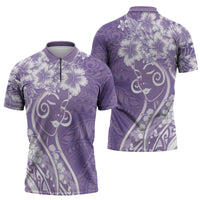 Polynesian Women's Day Zipper Polo Shirt Purple Hibiscus Flowers With Polynesian Pattern LT05 - Polynesian Pride