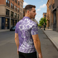 Polynesian Women's Day Zipper Polo Shirt Purple Hibiscus Flowers With Polynesian Pattern LT05 - Polynesian Pride