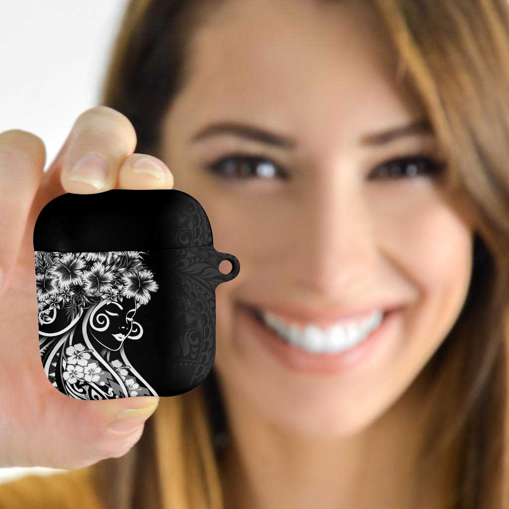 Polynesian Women's Day AirPods Case Black Hibiscus Flowers With Polynesian Pattern