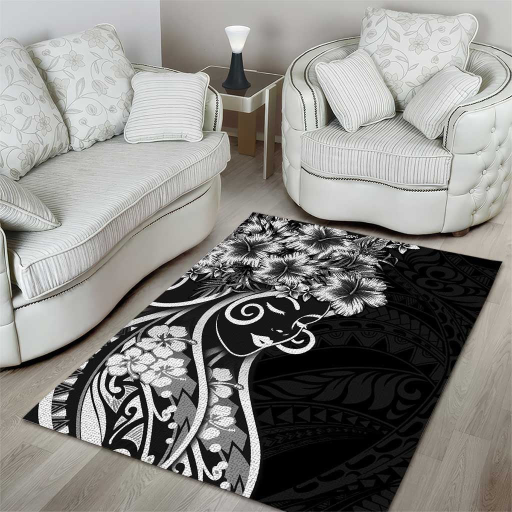 Polynesian Women's Day Area Rug Black Hibiscus Flowers With Polynesian Pattern