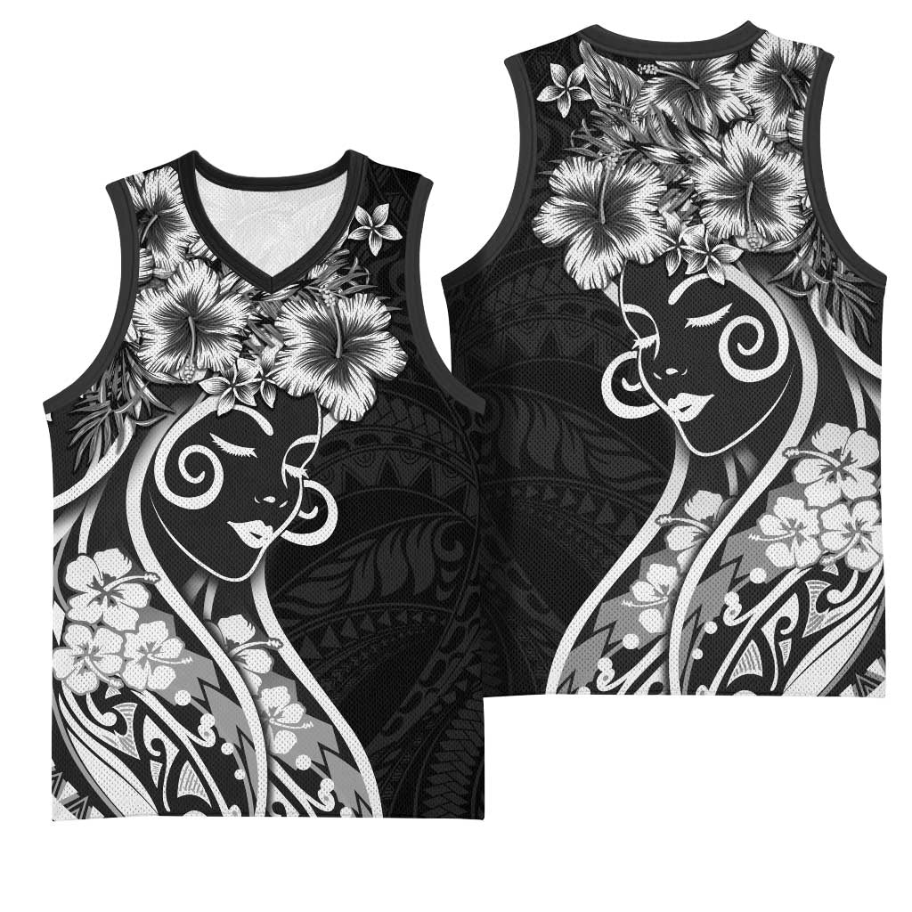 Polynesian Women's Day Basketball Jersey Black Hibiscus Flowers With Polynesian Pattern LT05 - Polynesian Pride