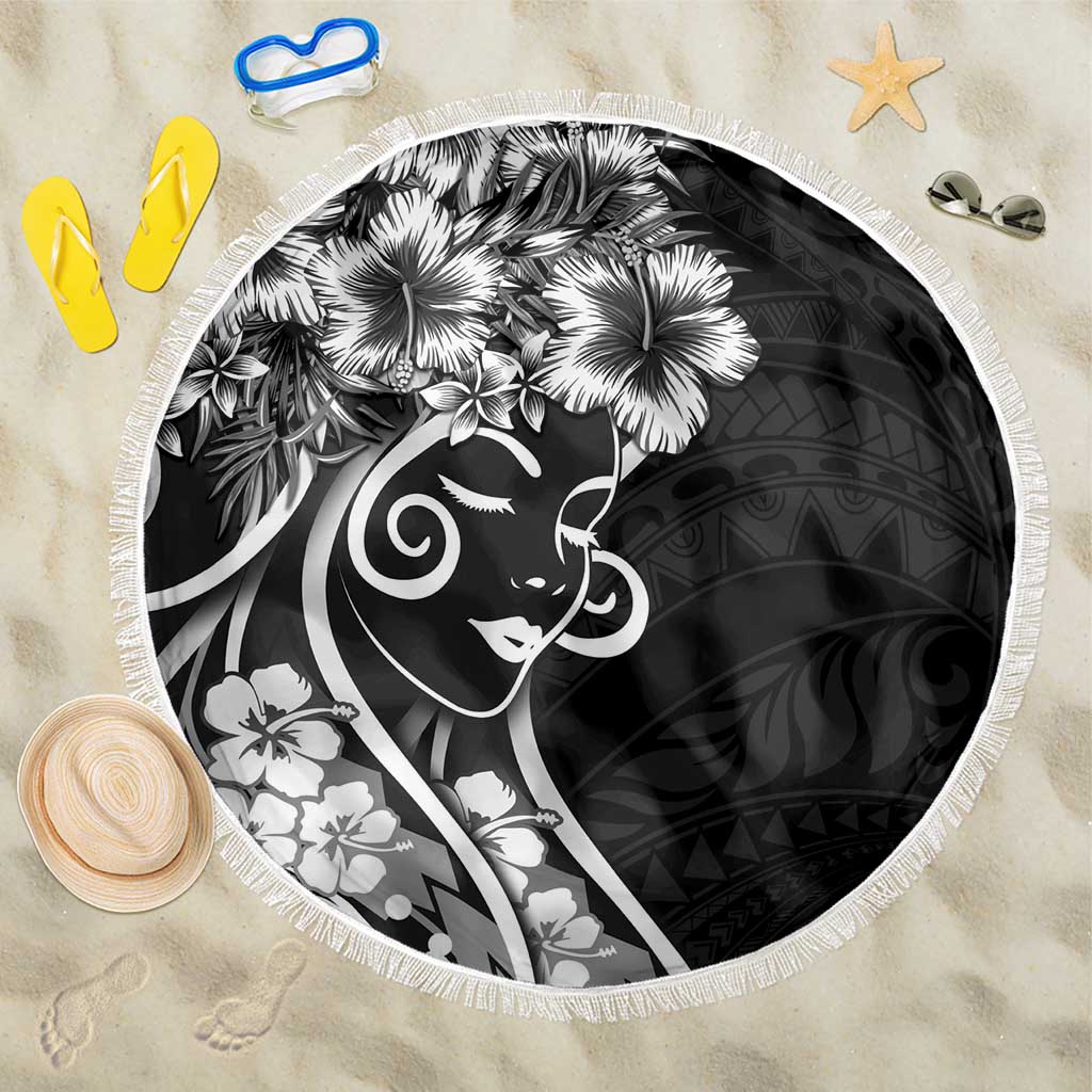 Polynesian Women's Day Beach Blanket Black Hibiscus Flowers With Polynesian Pattern