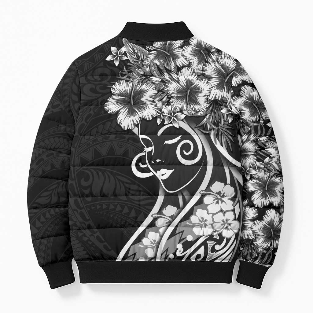 Polynesian Women's Day Bomber Puffer Jacket Black Hibiscus Flowers With Polynesian Pattern