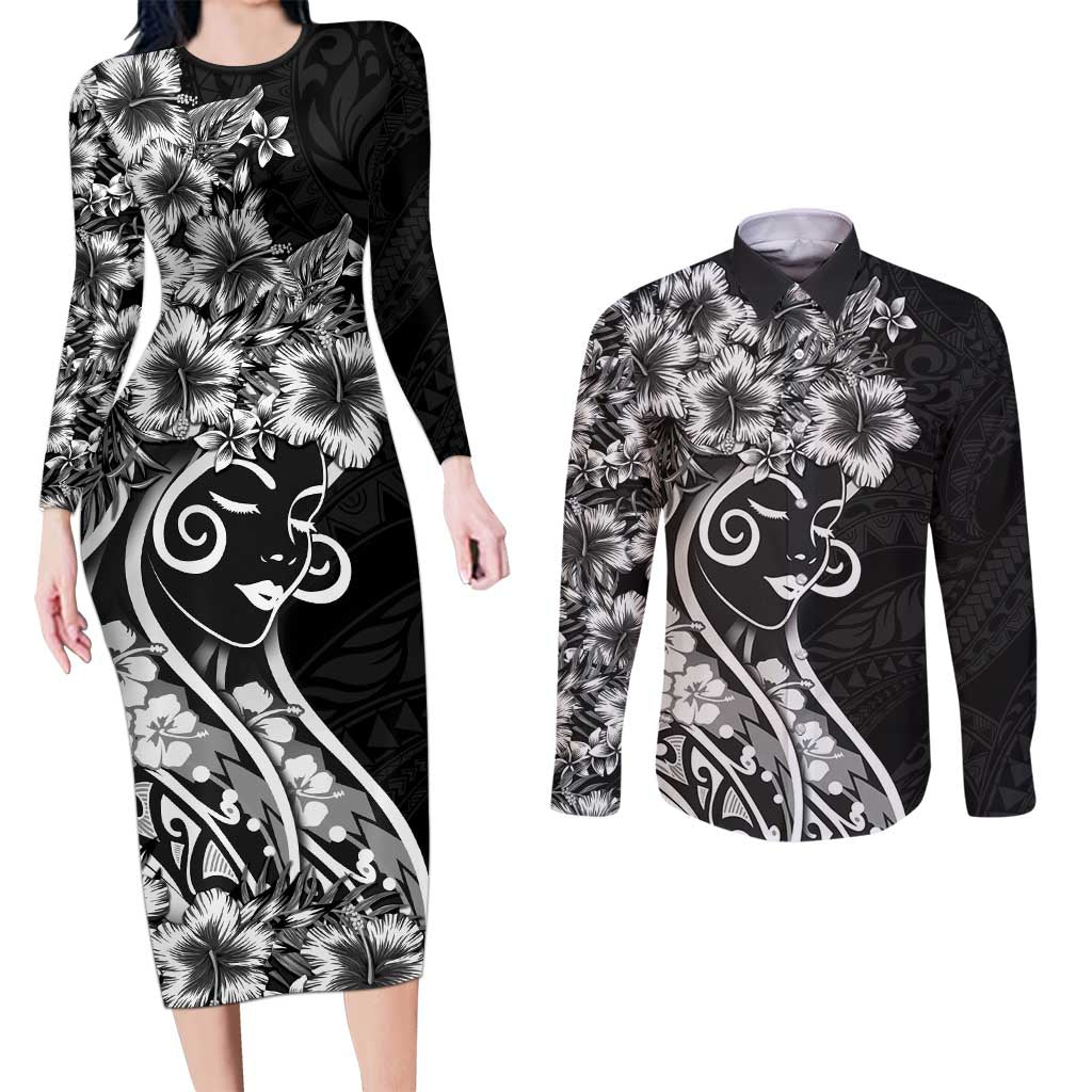 Polynesian Women's Day Couples Matching Long Sleeve Bodycon Dress and Long Sleeve Button Shirt Black Hibiscus Flowers With Polynesian Pattern