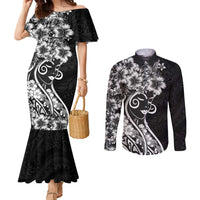 Polynesian Women's Day Couples Matching Mermaid Dress and Long Sleeve Button Shirt Black Hibiscus Flowers With Polynesian Pattern LT05 Black - Polynesian Pride