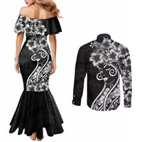 Polynesian Women's Day Couples Matching Mermaid Dress and Long Sleeve Button Shirt Black Hibiscus Flowers With Polynesian Pattern LT05 - Polynesian Pride