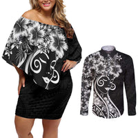 Polynesian Women's Day Couples Matching Off Shoulder Short Dress and Long Sleeve Button Shirt Black Hibiscus Flowers With Polynesian Pattern LT05 Black - Polynesian Pride