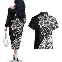 Polynesian Women's Day Couples Matching Off The Shoulder Long Sleeve Dress and Hawaiian Shirt Black Hibiscus Flowers With Polynesian Pattern LT05 - Polynesian Pride
