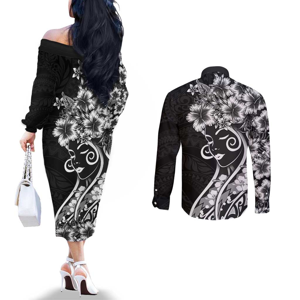 Polynesian Women's Day Couples Matching Off The Shoulder Long Sleeve Dress and Long Sleeve Button Shirt Black Hibiscus Flowers With Polynesian Pattern