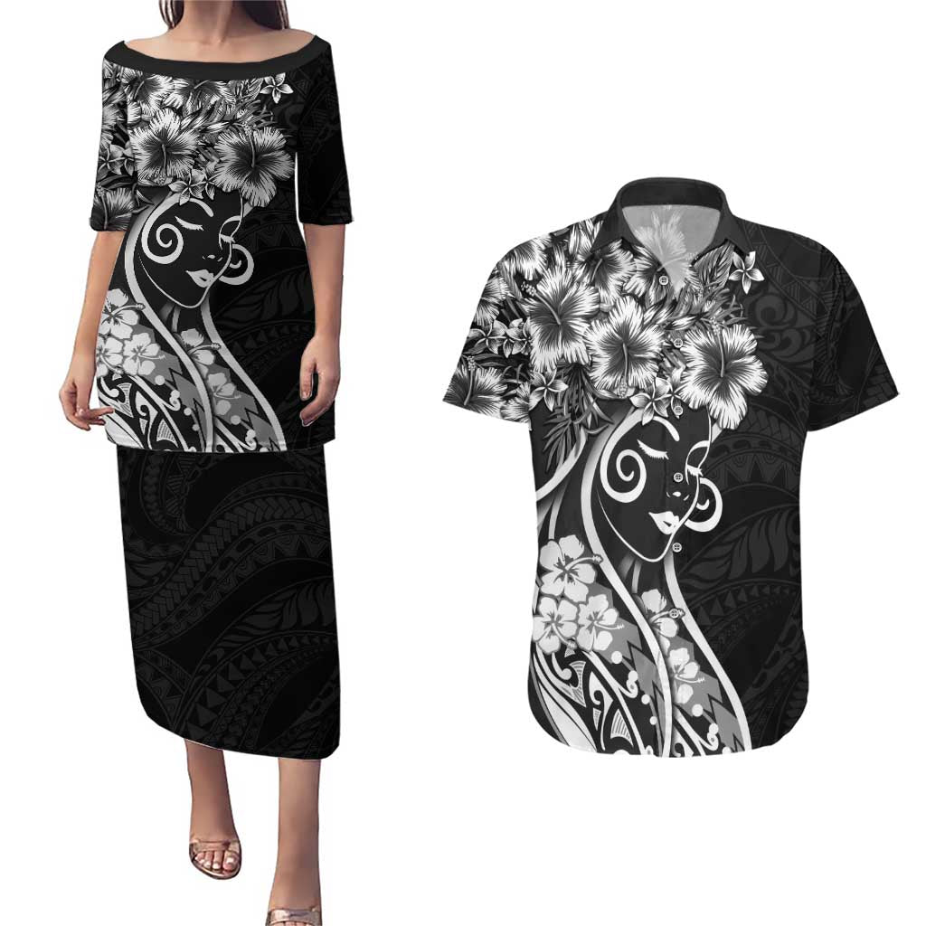 Polynesian Women's Day Couples Matching Puletasi and Hawaiian Shirt Black Hibiscus Flowers With Polynesian Pattern